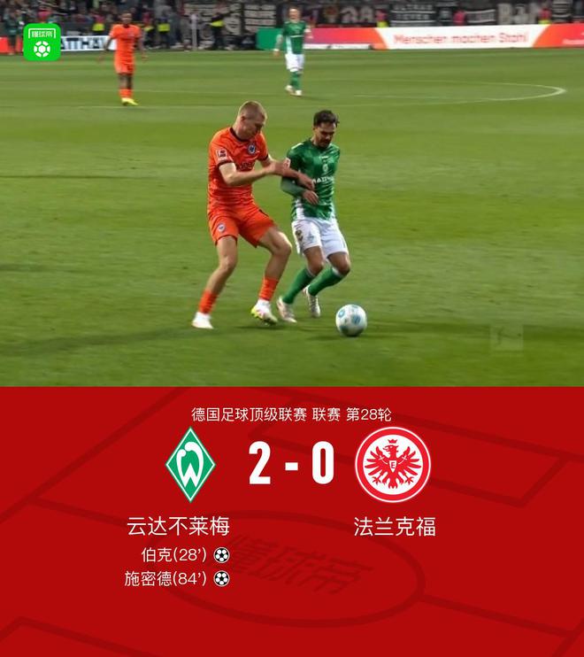 不萊梅勝法蘭克福，施密德助攻，伯克進(jìn)球，2-0